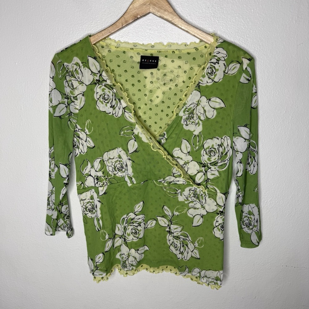 Y2K Green Fairycore Axcess Lettuce Hem Floral Top Fairy V-neck‎ Polkadot